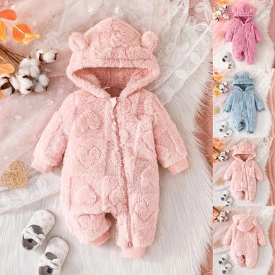 Newborn Baby Girls Teddy Bear Fleece Hooded Romper Jumpsuit Pants Outfit Clothes