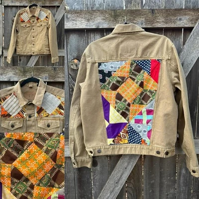 UPCYCLED Gap denim Trucker JACKET with a Vintage quilt top appliqué Size M Foto 1 de 4