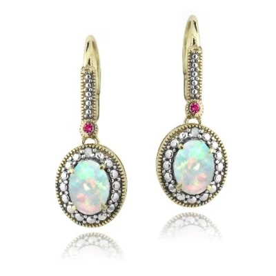 Gold Tone over Silver Diamond Accent Lab Created Opal & Pink Sapphire Earrings - Image 1 of 3