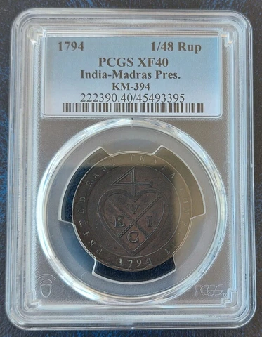 🔥MADRAS PRESIDENCY INDIA RARE 1/48 RUPEE XF COIN 1794 YEAR KM#394 PCGS XF40 Cover