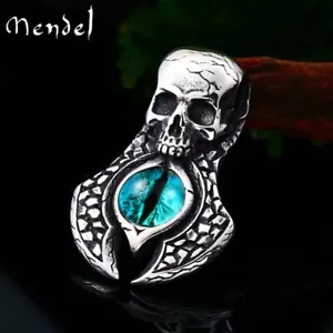 MENDEL Mens Blue Evil Eye Punk Biker Skull Pendant Necklace Stainless Steel Men - Picture 1 of 5