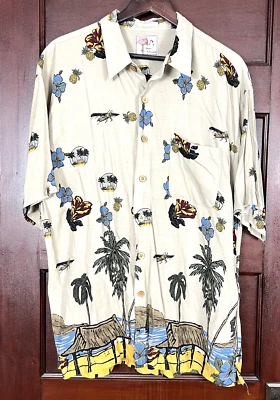 Marc Edwards Hawaiian Shirt XXL Button Down Beach Hut Tropical Plane Hibiscus - Image 1 of 4