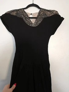 Vintage 1940s 30s Black Dress Nude Illusion Crepe Evening Gown Shoulder Pads - Picture 1 of 10