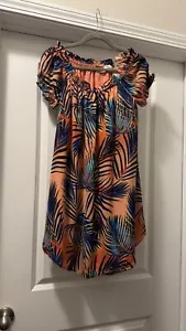 BELLE VERE Women’s Coral Orange Palm Print Off Shoulder Short Sleeve Shift Dress - Picture 1 of 6