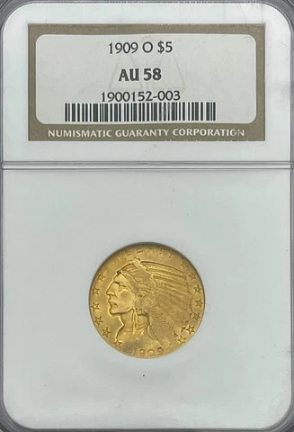 1909-O $5 Indian Head Gold Coin.! AU58 NGC.! Cover