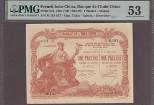 French Indochina 1 Piastre Banknote P-34a  1901(ND 1903-09)  About UNC  PMG 53 - Picture 1 of 2