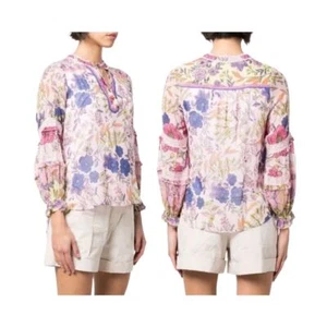Blusa Top Hale Bob Rosa Floral Manga Larga Borla Corbata Crochet Encaje Mujer Pequeña - Imagen 1 de 10