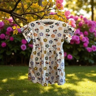 Vestido Disney Happy Face Flores Minnie Mickey Mouse Estampado Niña’s Talla 9/10 NUEVO Foto 1 de 4