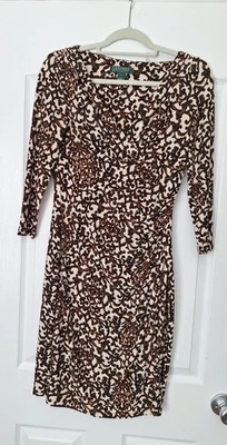 Lauren Ralph Lauren 女式连衣裙 4 码人造裹身球衣棕色棕褐色 V 领 3/4 袖 — 第 1/4 张图片