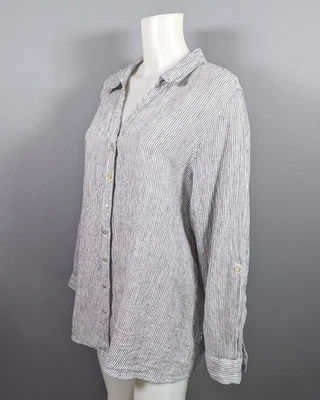 Camisa Sigrid Olsen 100% linho botão frontal listrado rolo aba manga Lagenlook 2X - Imagem 1 de 4