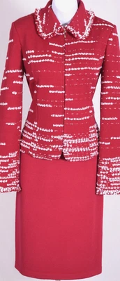 ST.JOHN Women's Knit Tweed Red White Fringed Trim Zip Jacket Skirt Sz 8 - Image 1 of 4