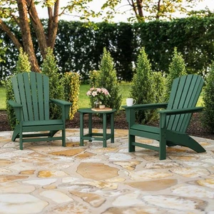 Grant Park Green 3-Piece Plastic Traditional Curveback Adirondack Patio Conversa - Picture 1 of 6