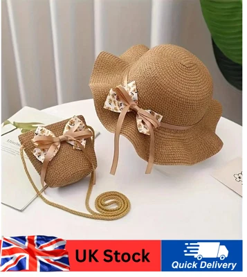 2pcs Kids Summer Sun Hat and Bag Set Straw Beach Hat with Cute Floral Design - Image 1 of 2