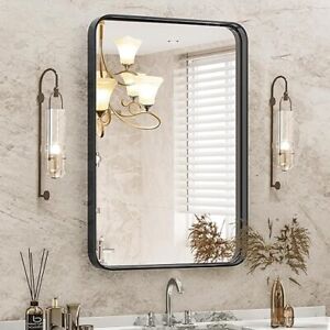OLIXIS Wall-Mounted Mirror, 22X30 Inch Rounded Rectangle, Black Metal Framed 