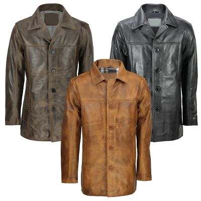 Mens Real Leather Reefer Jacket vintage Mid Length Coat Classic Hollywood Style - Image 1 of 4