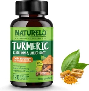 NATURELO Kurkuma Curcumin mit BioPerine, Ingwerpulver - 120 vegane Kapseln - Bild 1 von 6