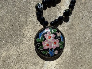 Vintage Cloisonné  Floral  Pendant on  Brass Bead Necklace 16" - Picture 1 of 7