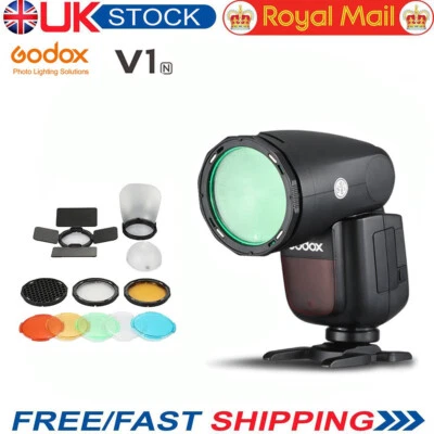 UK Godox V1-N TTL sulla fotocamera fotocamera rotonda flash lampeggiatore + accessorio per Nikon
