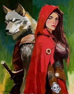 Original Fantasy Oil Painting, Red and the Wolf, 16x20 inches, Signed, Fairytale - Picture 1 of 9