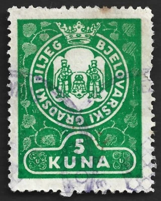 Croatia Bjelovar Revenue Stamp 5 Kuna NDH Era Green Fiscal Cancelled WWII Foto 1 de 2