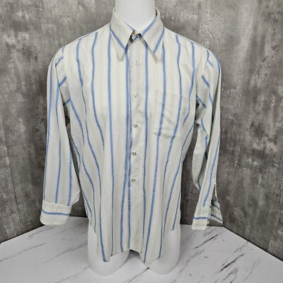 Vintage 70s Manhattan Custom Limited White Blue Stitched Stripe L/S Big Collar - Image 1 of 4