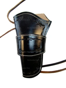 Leather Gun Holster OWB Long Barrel Fit Barbed Tooled Black - Left Handed - Picture 1 of 3