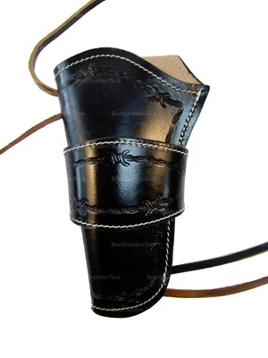 Leather Gun Holster OWB Long Barrel Fit Barbed Tooled Black - Left Handed - Image 1 of 3
