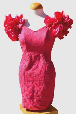 Zum Zum Pink Sheath Dress Puff Sleeve Brocade Cocktail Prom Party Vtg 80s XS USA - Image 1 of 4