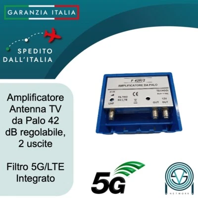 Amplificatore antenna TV da palo con filtro LTE/5G 42 dB 1 UHF 2 uscite separate