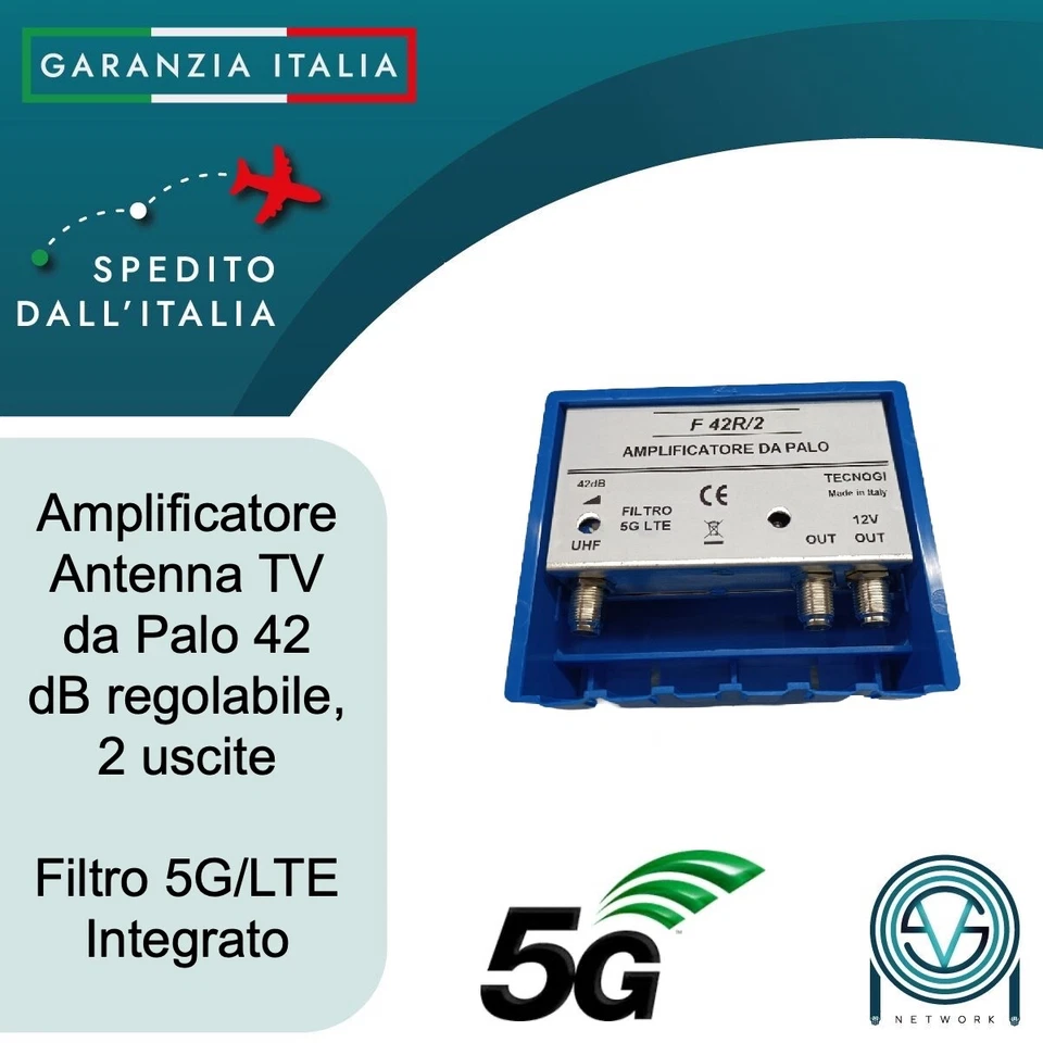Amplificatore antenna TV da palo con filtro LTE/5G 42 dB 1 UHF 2 uscite separate