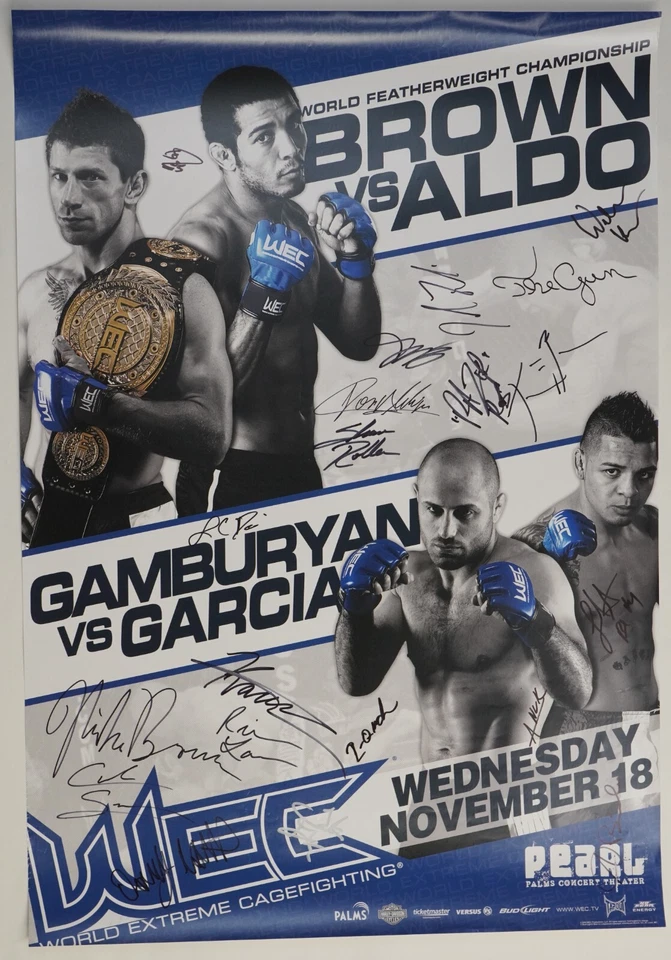 Jose Aldo Mike Brown Cub Swanson Signed by Card WEC 44 Fight Poster UFC SBC 112 - Image 1 of 4