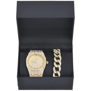 Men's Rapper Fully Gold Plated Watch and Cuban Bracelet SET WM 8608 G - Picture 1 of 2