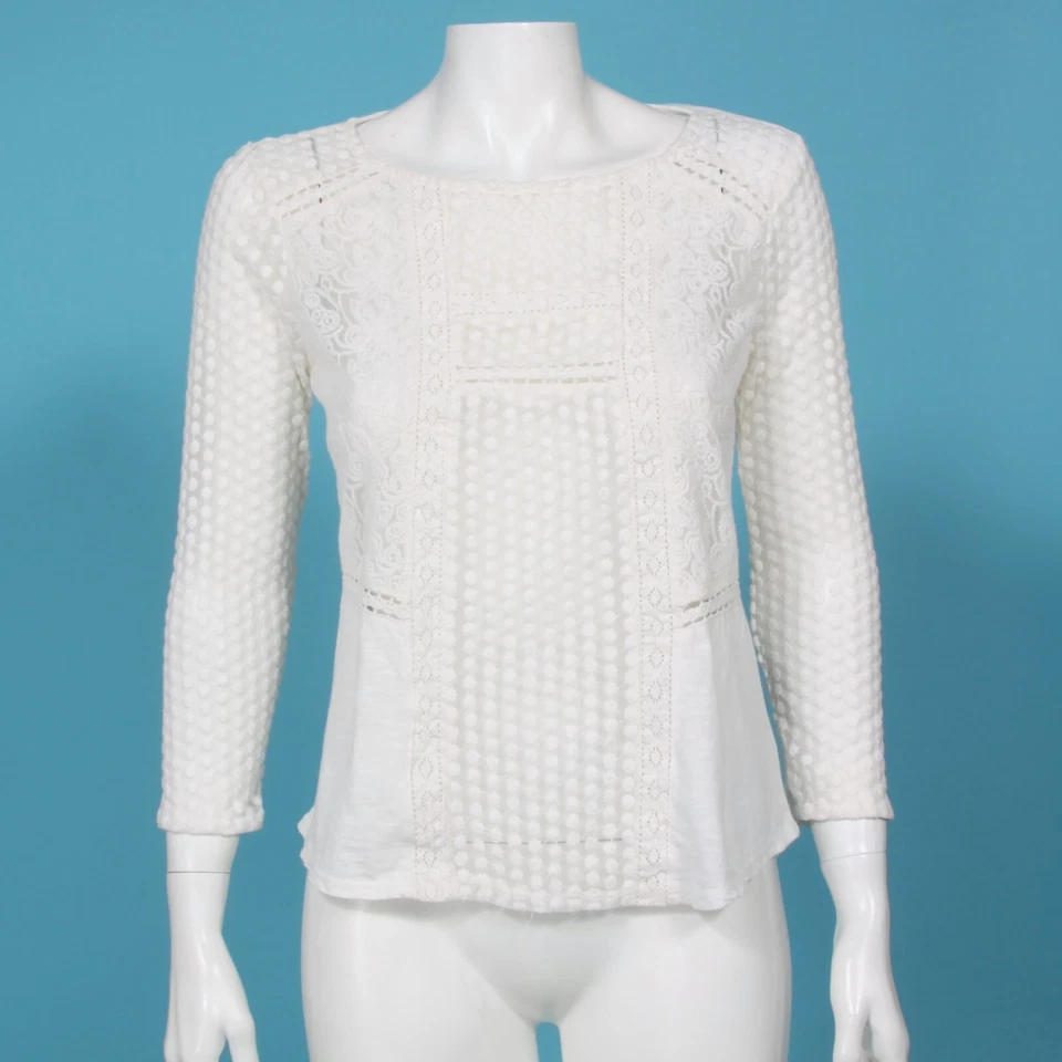 Lucky Brand слоновой кости кружева и сетки пэчворк верхний размер маленький белый 3/4 рукав - 652 - Изображение 1 из 4