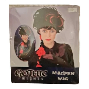 Parrucca da fanciulla Gothic Nights nera accenti rossi fiori treccia confezione aperta  - Foto 1 di 3