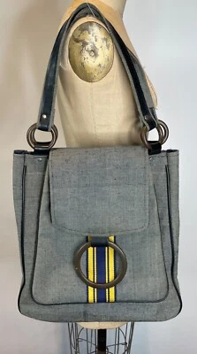 BOLSO DE HOMBRO DE LONA MOD GO-GO AZUL AMARILLO RAYAS Y ANILLOS DE COLECCIÓN BOLSO HOBO Foto 1 de 4
