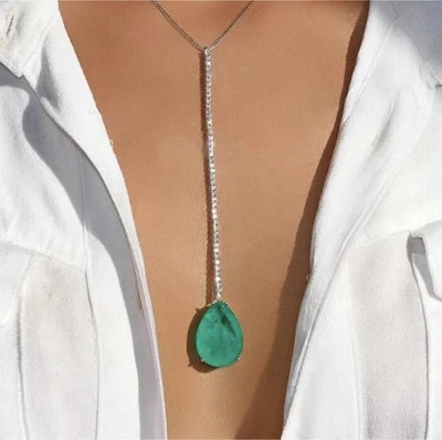 QUEEN👑NATURAL NEON COLUMBIAN EMERALD~CRYSTAL~925 SS~18”BOX CHAIN Y NECKLACE~ - Image 1 of 4
