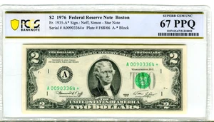 1976 $2 FRN Boston **STAR** PCGS Superb Gem Uncirculated 67PPQ #A00903364* - Picture 1 of 2