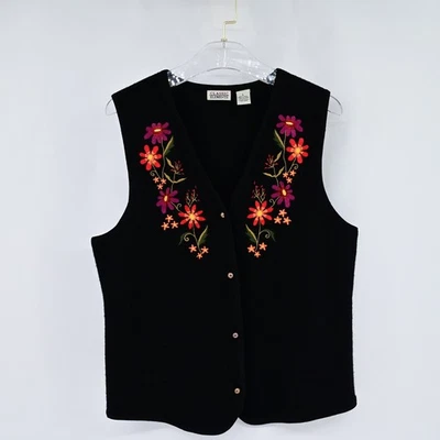 Chaleco vintage años 90 100 % lana negro bordado floral cuello en V para mujer Cottagecore Foto 1 de 4