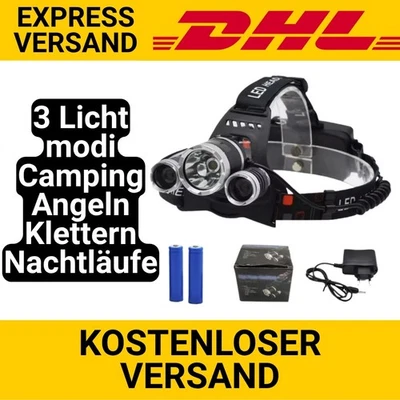 TRADENATION 3-Modi Stirnlampe LED Kopflampe Wiederaufladbar Akku USB Superhell