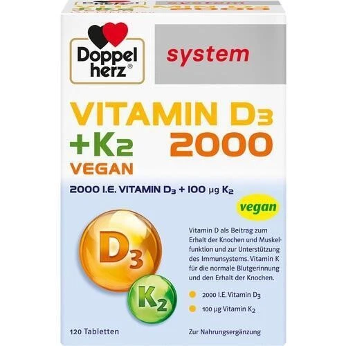QUEISSER PHARMA GMBH & CO. KG DOPPELHERZ Vitamin D3 2000+K2 system Tabletten, 120 St PZN 14063820