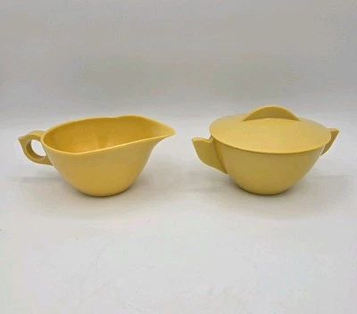 Vintage Mid Century Gold Colored Melamine Plastic Creamer and Sugar Bowl MCM - Image 1 of 4