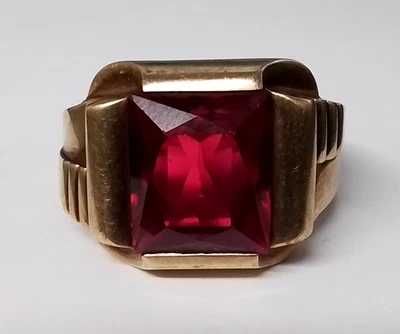 Antiguo anillo grande Art Deco de oro amarillo macizo de 10 quilates con rubí de laboratorio para hombre - talla 11,5 Foto 1 de 4