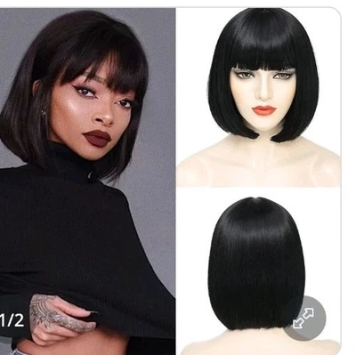 Peluca sintética para mujer negra corta recta completa Bob pelucas juegos con disfraces con correas... Foto 1 de 2