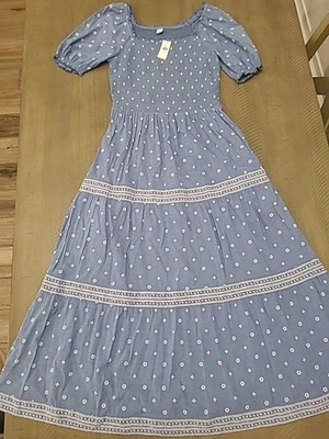Old Navy Smocked Puff Sleeve Pockets  Embroidery Blue Dress Size S Tall NWT - Image 1 of 4