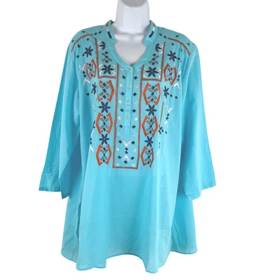 Fresh Produce Fiesta 束腰外衣上衣 M/L 蓝色刺绣棉波西米亚全新带标签 TP-3547 — 第 1/4 张图片