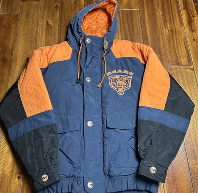 Jaqueta Chicago Bears Youth Mirage acolchoada média anos 90 vintage NFL azul botão com zíper - Imagem 1 de 4