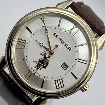 U.S. Polo Assn. Watch Men's Gold & Silver Tone Dial Brown Band NEW BATTERY 7.5" - Image 1 of 4