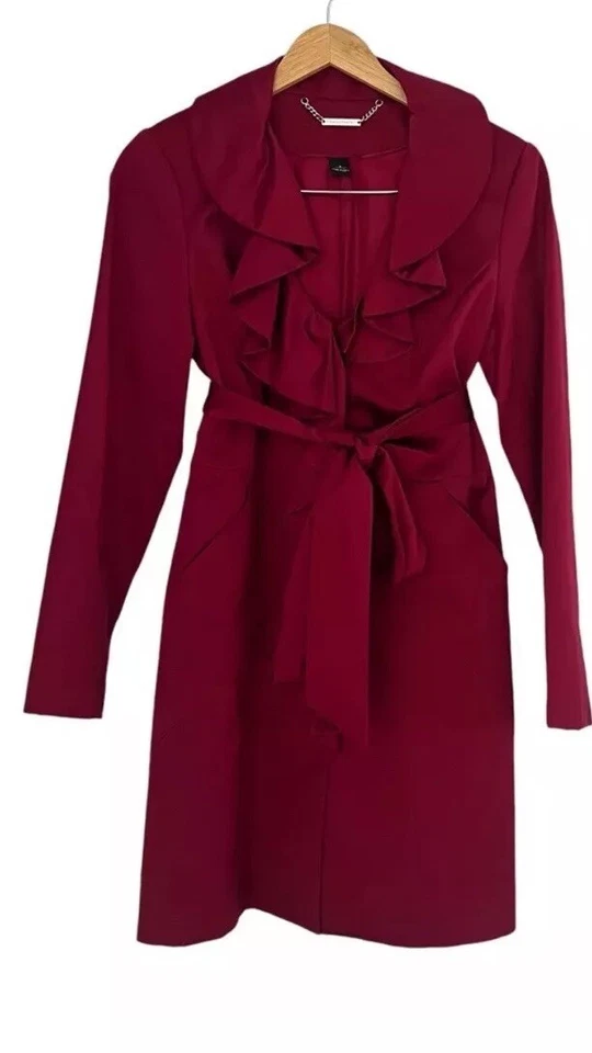 👠🧥❤️Casa Blanca Mercado Negro Volantes Borgoña Vino Satinado Abrigo Chaqueta Cinturón Talla M Foto 1 de 4