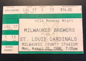 Milwaukee Brewers ticket stub Aug. 3 1998 vs St Louis Cardinals Milw Co Stadium - Picture 1 of 2
