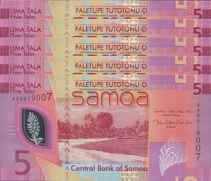 Lote 5 billetes; Samoa 5 Tala 2023 UNC polímero prefijo AA - Imagen 1 de 2